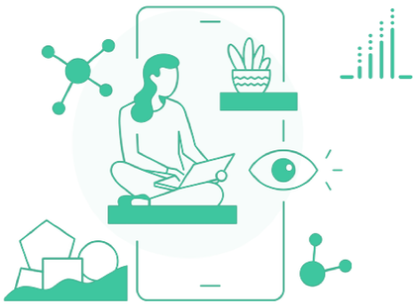 illustration of mobile phone, plant, eye, woman sitting, shapes, and graph