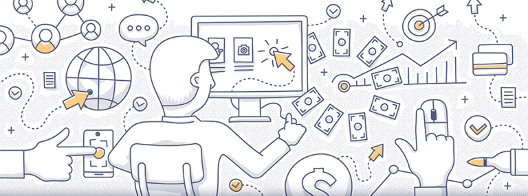 cartoon drawing of a man sitting in front of a computer with advertising