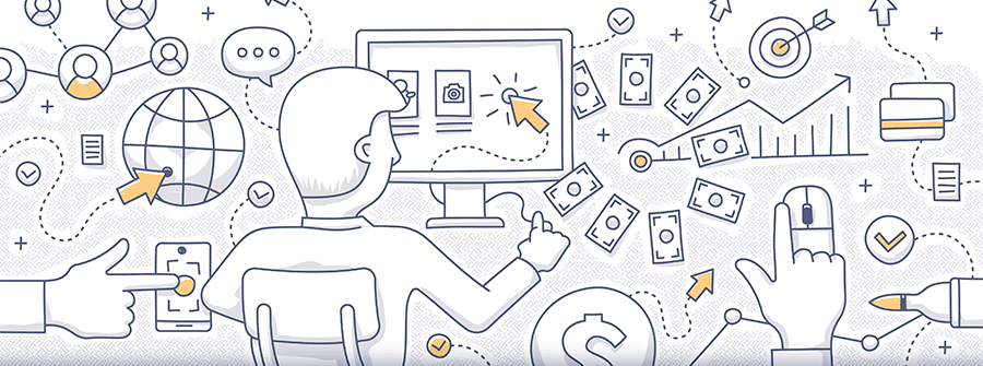 cartoon drawing of a man sitting in front of a computer with advertising