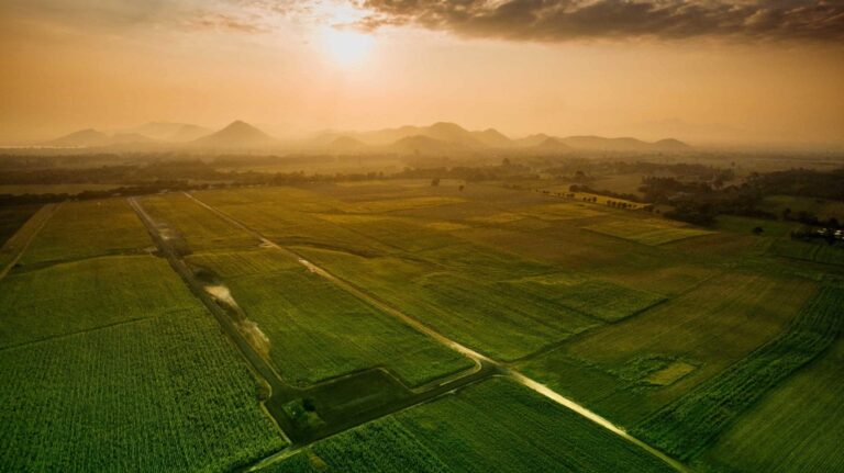aerial view of farmland with mountains in the background