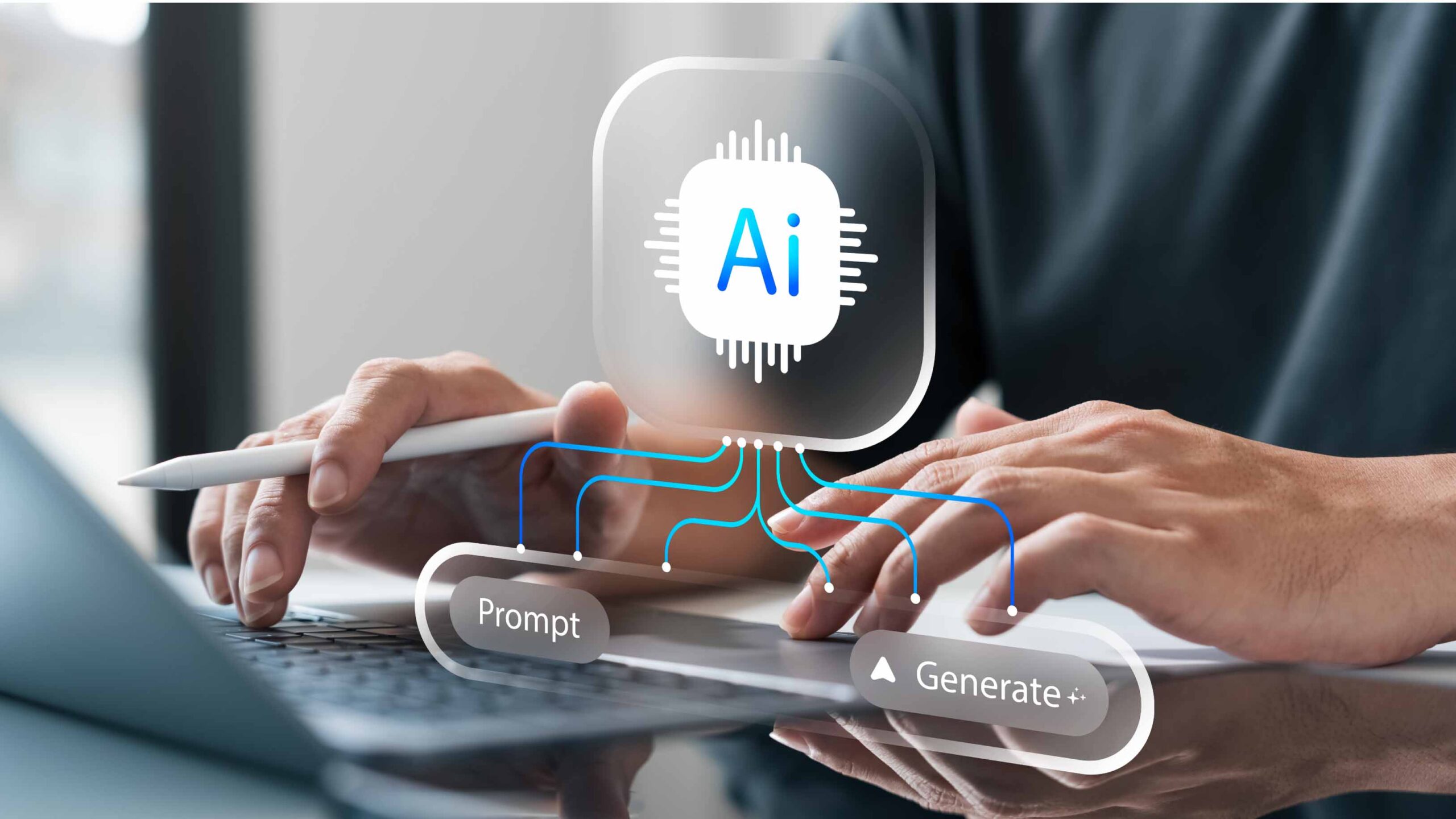 person typing at a computer with ai icon