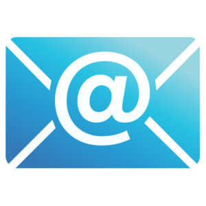 Blue email envelope icon with at symbol, digital mail notification and contact us vector illustration for web design, isolated