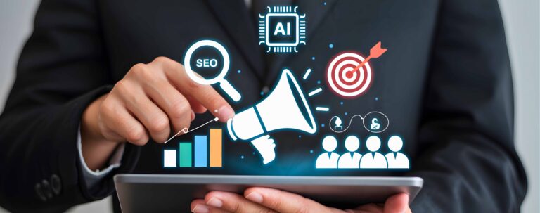 hands holding ai and seo graphics