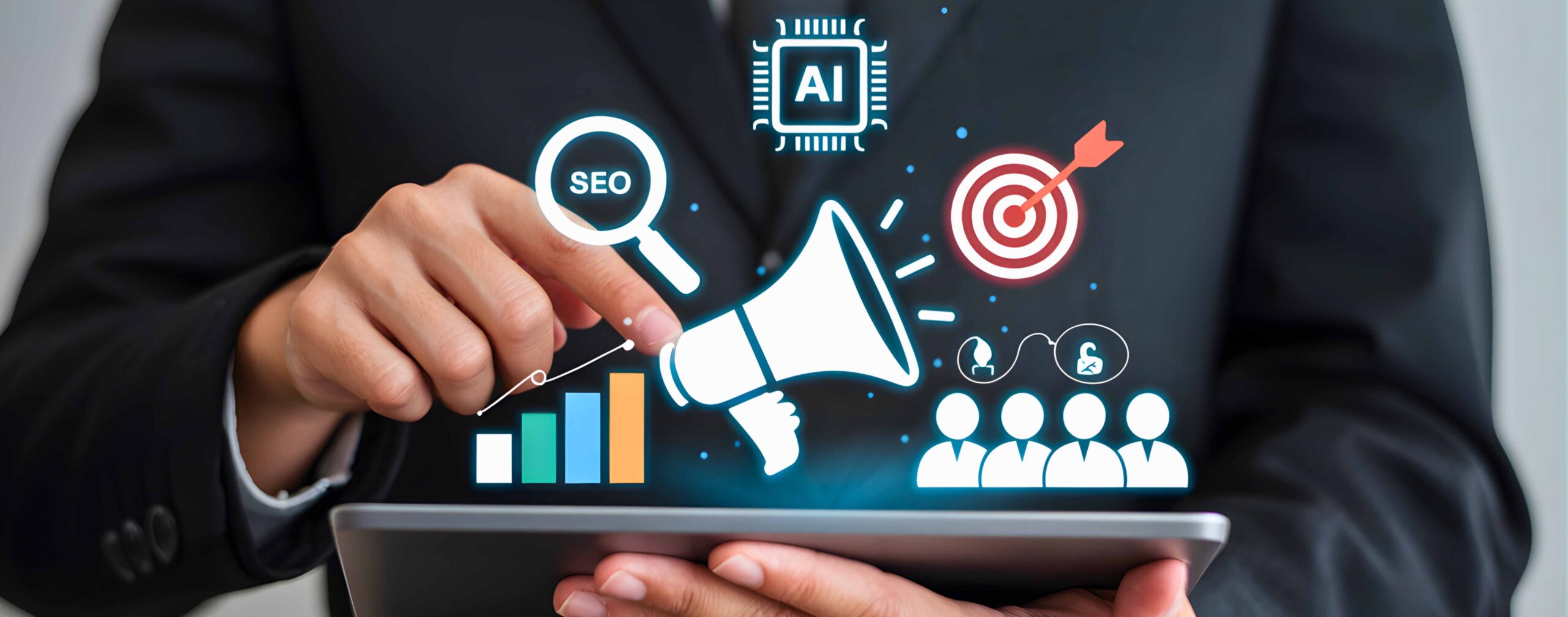 hands holding ai and seo graphics