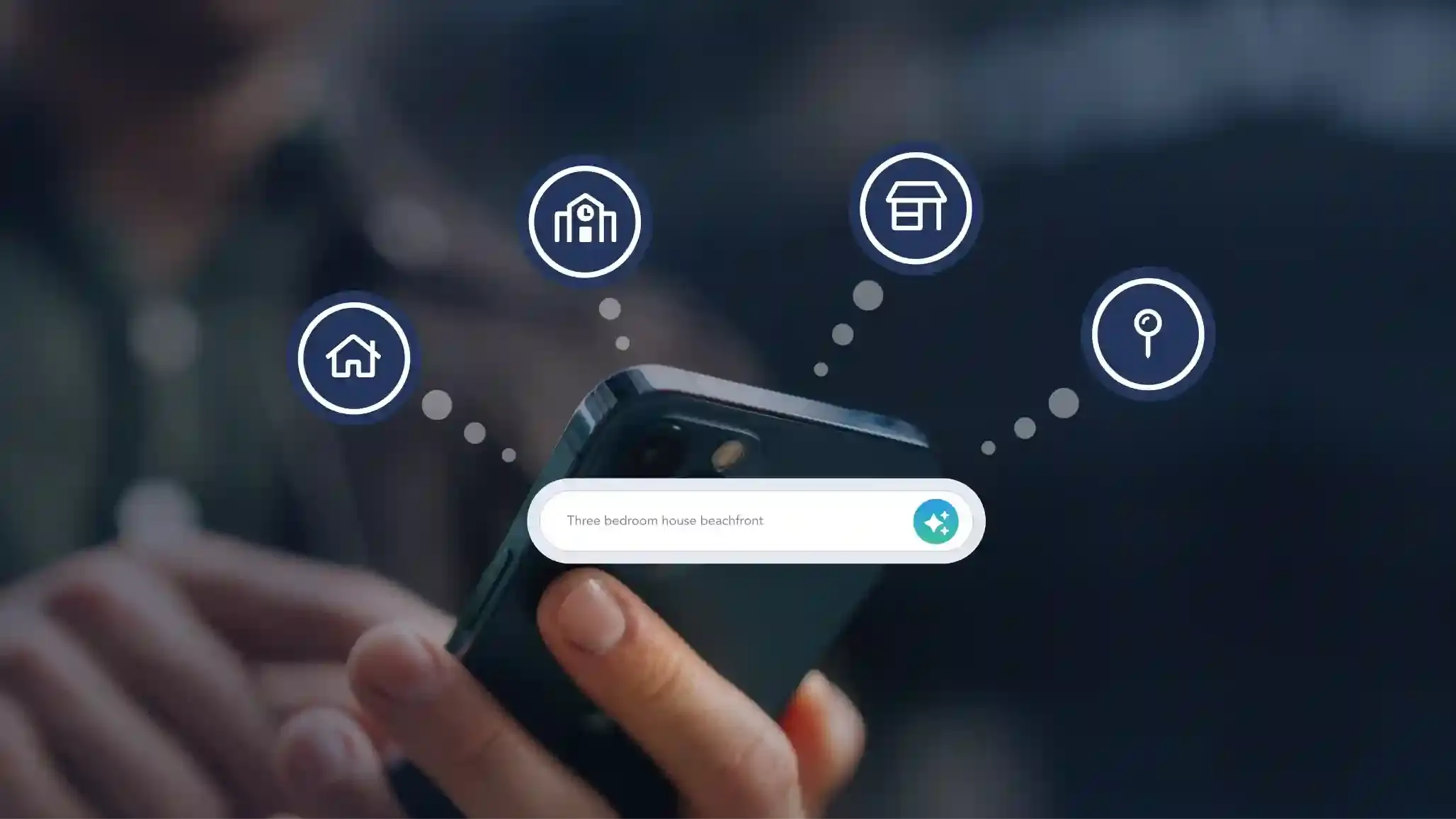 phone with real estate and ai icons with a search bar