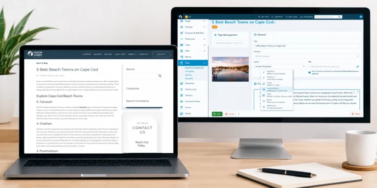 mockups of a blog post and union street media's new blogging tool